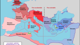 Les diocèses de l'Empire en 300 ap. JC et les préfectures prétoriennes en 395 ap. JC.a