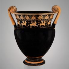 MET.Attributed to the Karkinos Painter Period:Archaic Date:ca. 500 B.C. Culture:Greek, Attic Medium:Terracotta; red-figure Dimensions:H. with handle 22 5/16 in. (56.7 cm); H. without handle 20 1/16 in. (50.9 cm); diameter of lip 16 3/4 in. (42.6 cm); diameter of foot 8 13/16 in. (22.4 cm) Classification:Vases