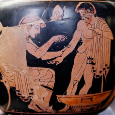 Plus ancienne représentation connue d’une consultation médicale : médecin pratiquant une saignée sur un patient, aryballe à figures rouges du Peintre de la Clinique, v. 480-470 av. J.-C., musée du Louvre