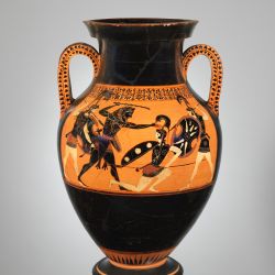MET.Attributed to a painter of Bateman Group Period:Archaic Date:ca. 530 B.C. Culture:Greek, Attic Medium:Terracotta; black-figure Dimensions:H. 18 9/16 in. (47.2 cm) diameter 8 7/16 in. (21.4 cm) Classification:Vases