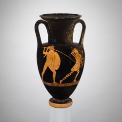MET.Attributed to the Dwarf Painter Period:Classical Date:ca. 440–430 B.C. Culture:Greek, Attic Medium:Terracotta; red-figure Dimensions:H. 13 in. (33 cm); diameter of mouth 5 15/16 in. (15.1 cm); diameter of foot 3 1/2 in. (8.9 cm) Classification:Vases