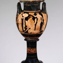 MET.Attributed to the Naples Painter Period:Classical Date:ca. 420 B.C. Culture:Greek, Attic Medium:Terracotta; red-figure Dimensions:H. without lid 17 1/8 in. (43.5 cm) diameter 8 7/16 in. (21.4 cm) Classification:Vases