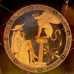  Œdipe répondant à l’énigme du Sphinx, coupe grecque