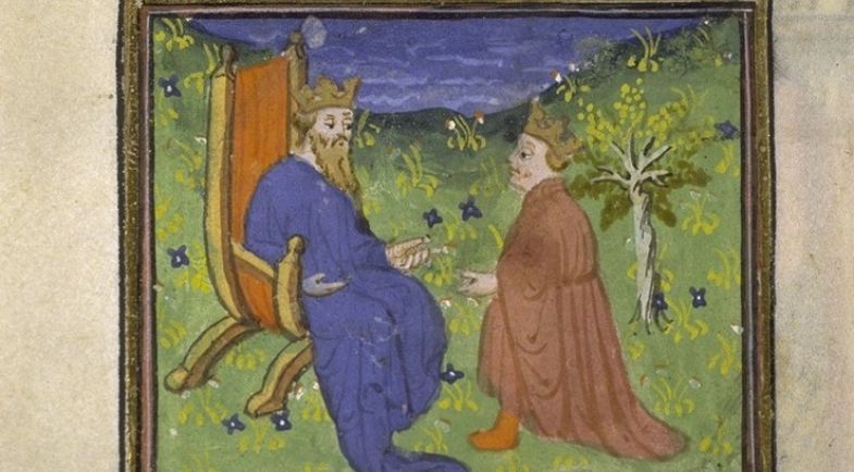Ménélas demandant l’aide d’Agamemnon. Enluminure de manuscrit du XIVe siècle.