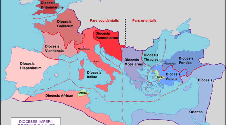Les diocèses de l'Empire en 300 ap. JC et les préfectures prétoriennes en 395 ap. JC.a